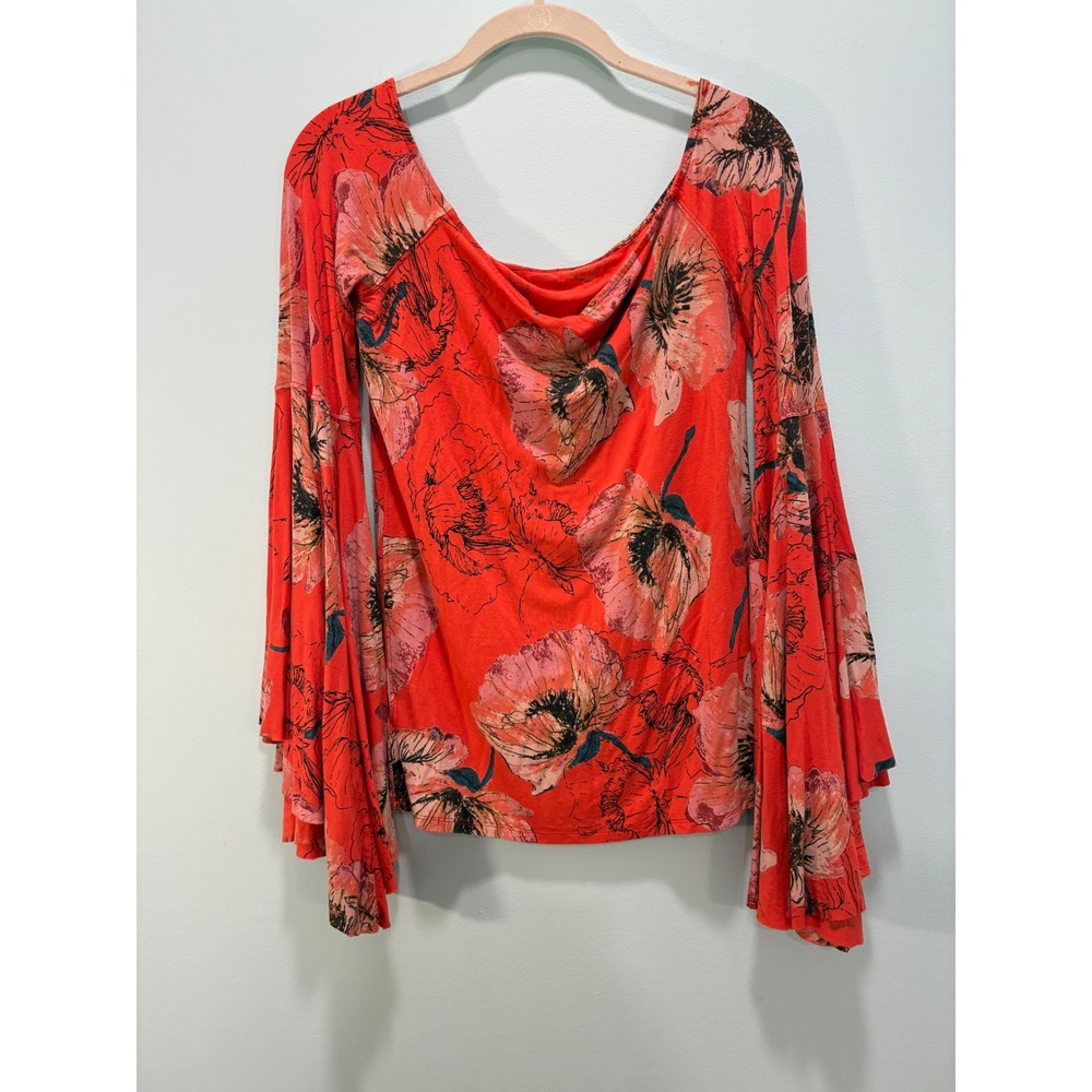 We The Free Free People Red Floral Bell Sleeve Off Shoulder Top Medium